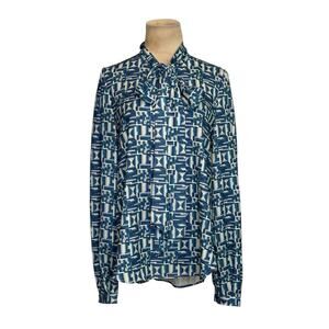 Toccin blue printed lantern tie neck long sleeves blouse size Small